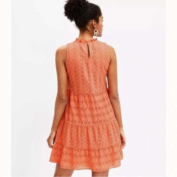LOFT - Coral Eyelet Mini Dress with Pockets – Sleeveless Tiered – NWT – Size M - Picture 2 of 9
